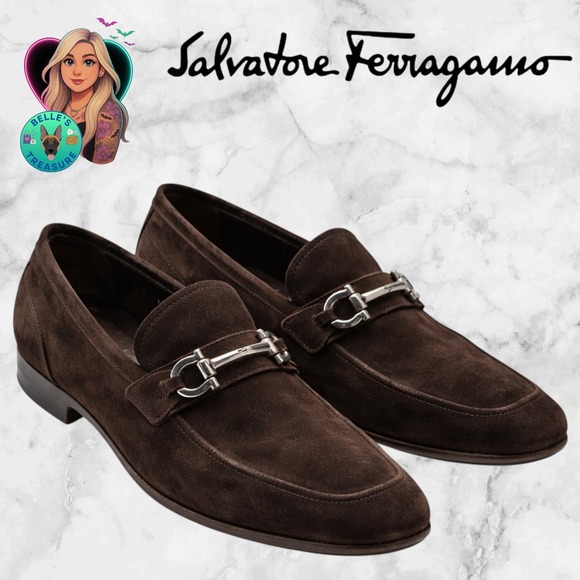 Salvatore Ferragamo Men 8.5 D Foster Brown Suede Gancini Bit Loafers Dress Shoes